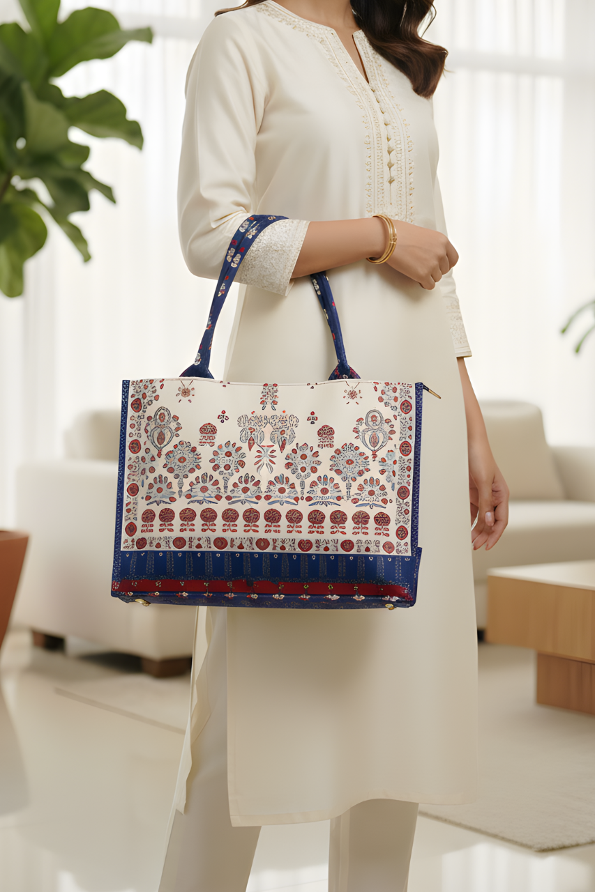 A.A bags - Blue & Red Floral Canvas Tote Bag